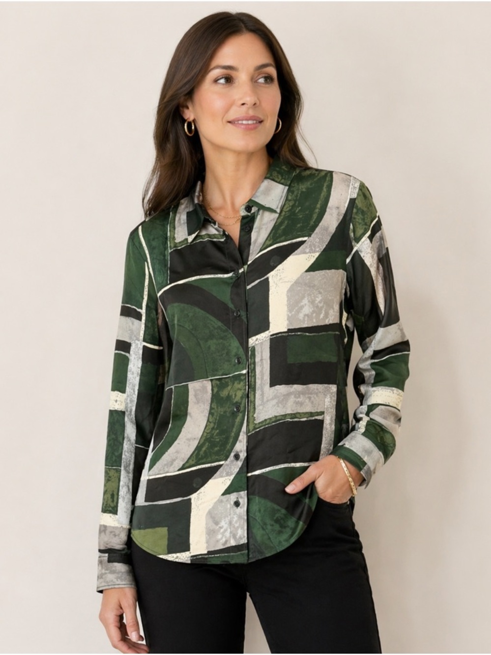 Ralph Lauren Geo-Print Charmeuse Button Down Blouse Green Petite PXS
